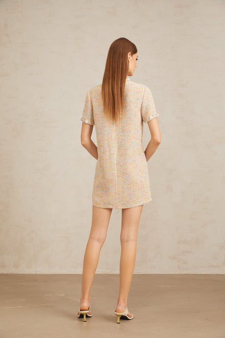Aurohaya Palme Neutral Embellished Crochet Knit Mini Dress