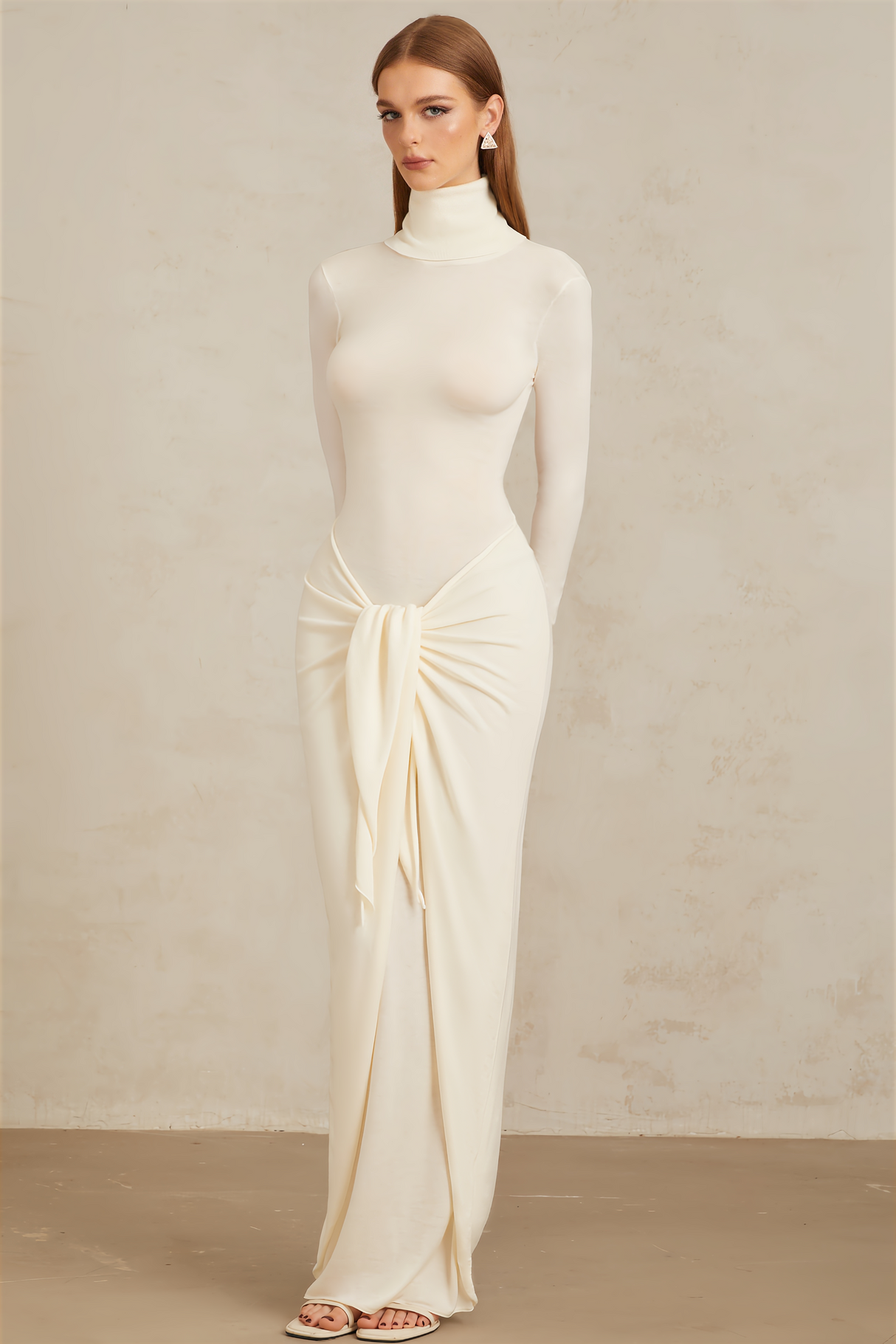 Aurohaya Impériale White Ruched Turtleneck Maxi Dress