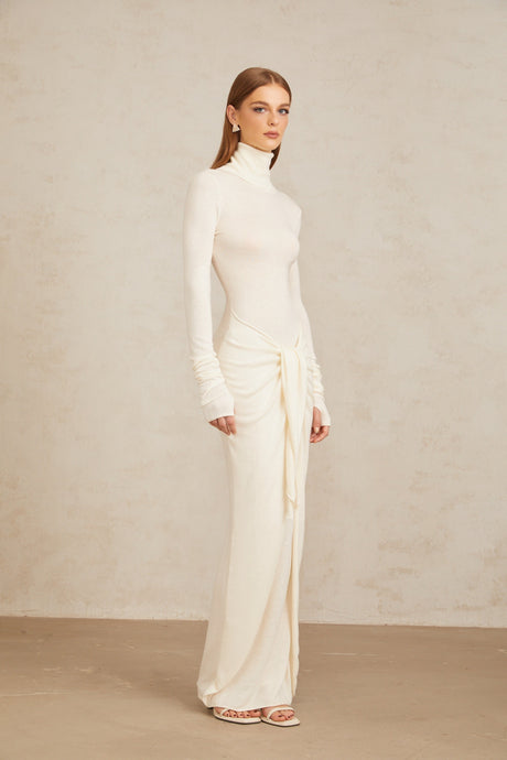 Aurohaya Impériale White Ruched Turtleneck Maxi Dress