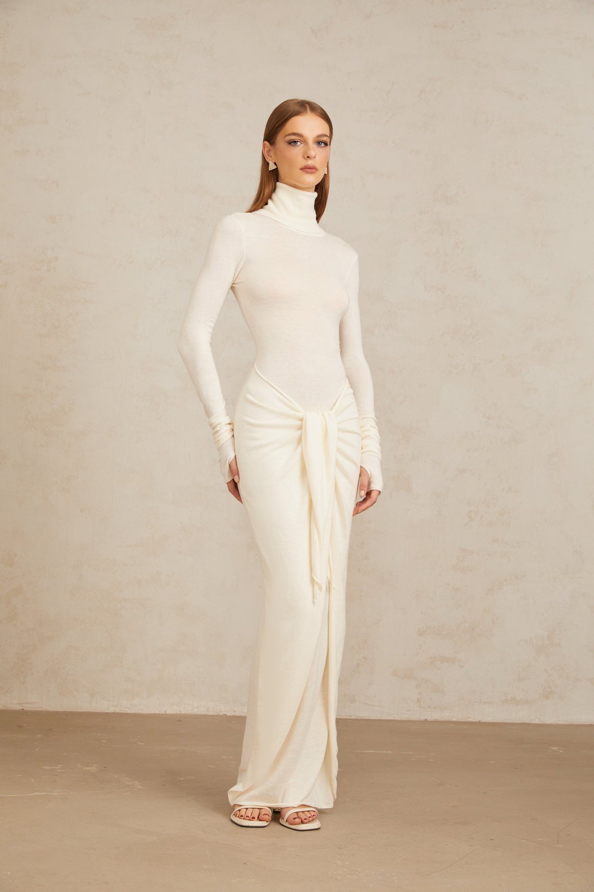 Aurohaya Impériale White Ruched Turtleneck Maxi Dress
