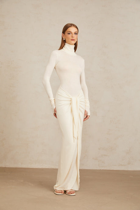 Aurohaya Impériale White Ruched Turtleneck Maxi Dress