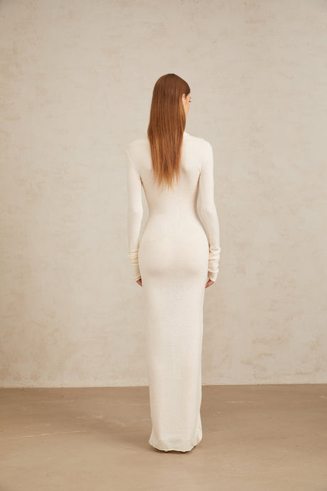 Aurohaya Impériale White Ruched Turtleneck Maxi Dress