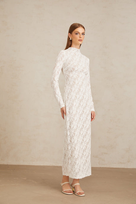 Aurohaya Xavière White Floral Crochet Knit Maxi Dress
