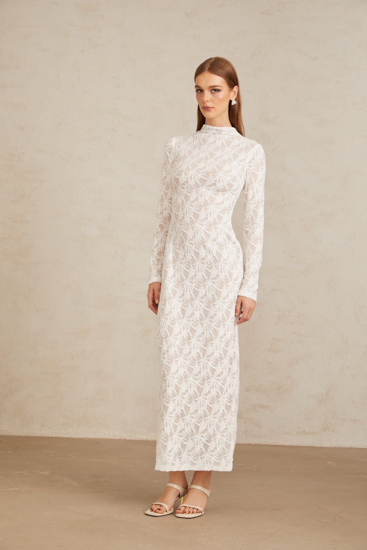 Aurohaya Xavière White Floral Crochet Knit Maxi Dress