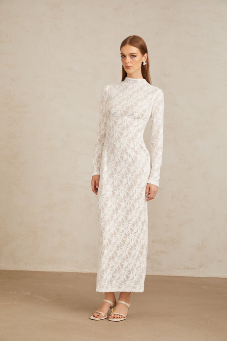 Aurohaya Xavière White Floral Crochet Knit Maxi Dress