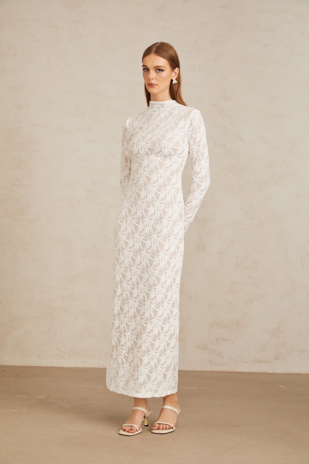 Aurohaya Xavière White Floral Crochet Knit Maxi Dress