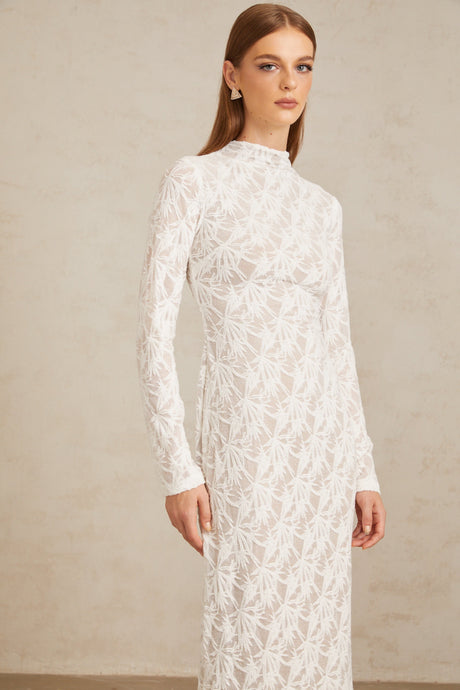 Aurohaya Xavière White Floral Crochet Knit Maxi Dress