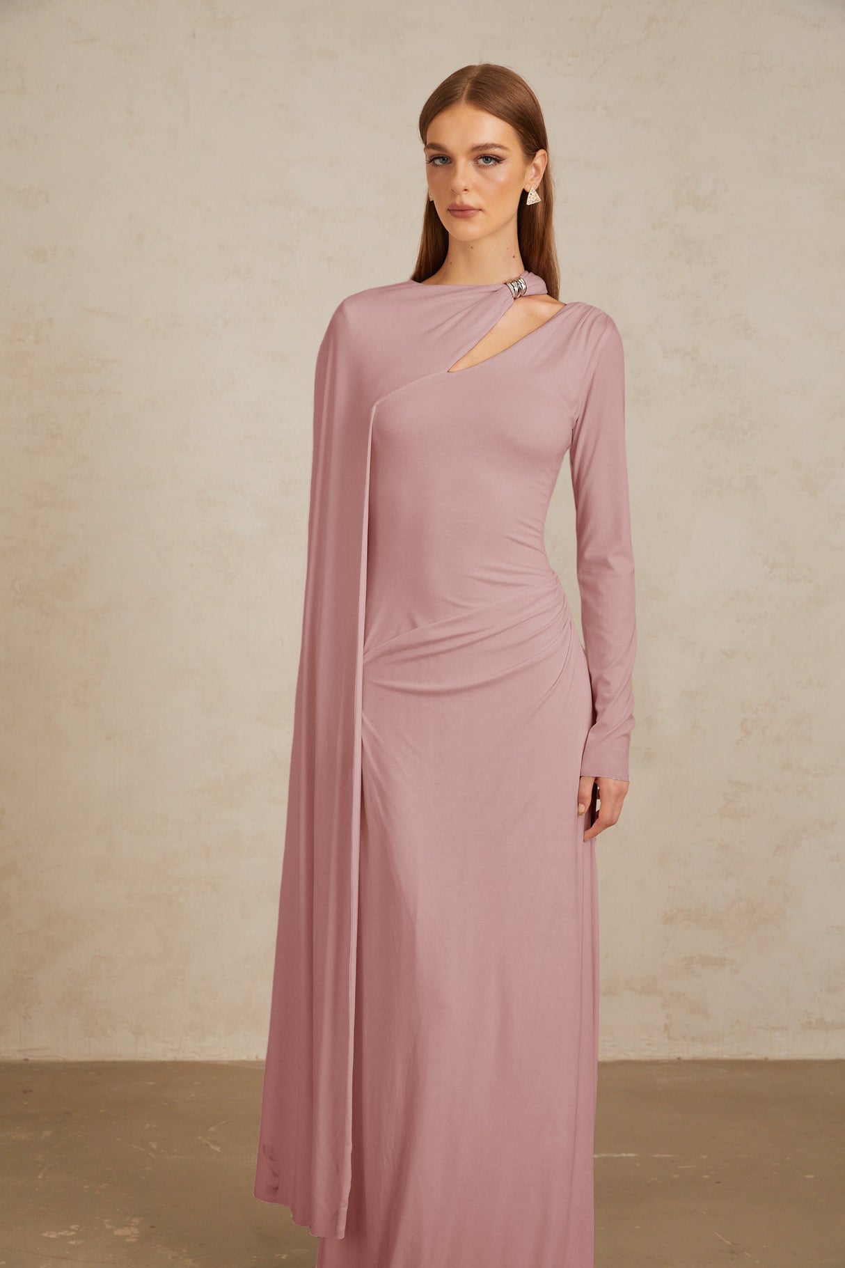 Aurohaya Josette Pink Diagonal Shawl Fitted Maxi Dress
