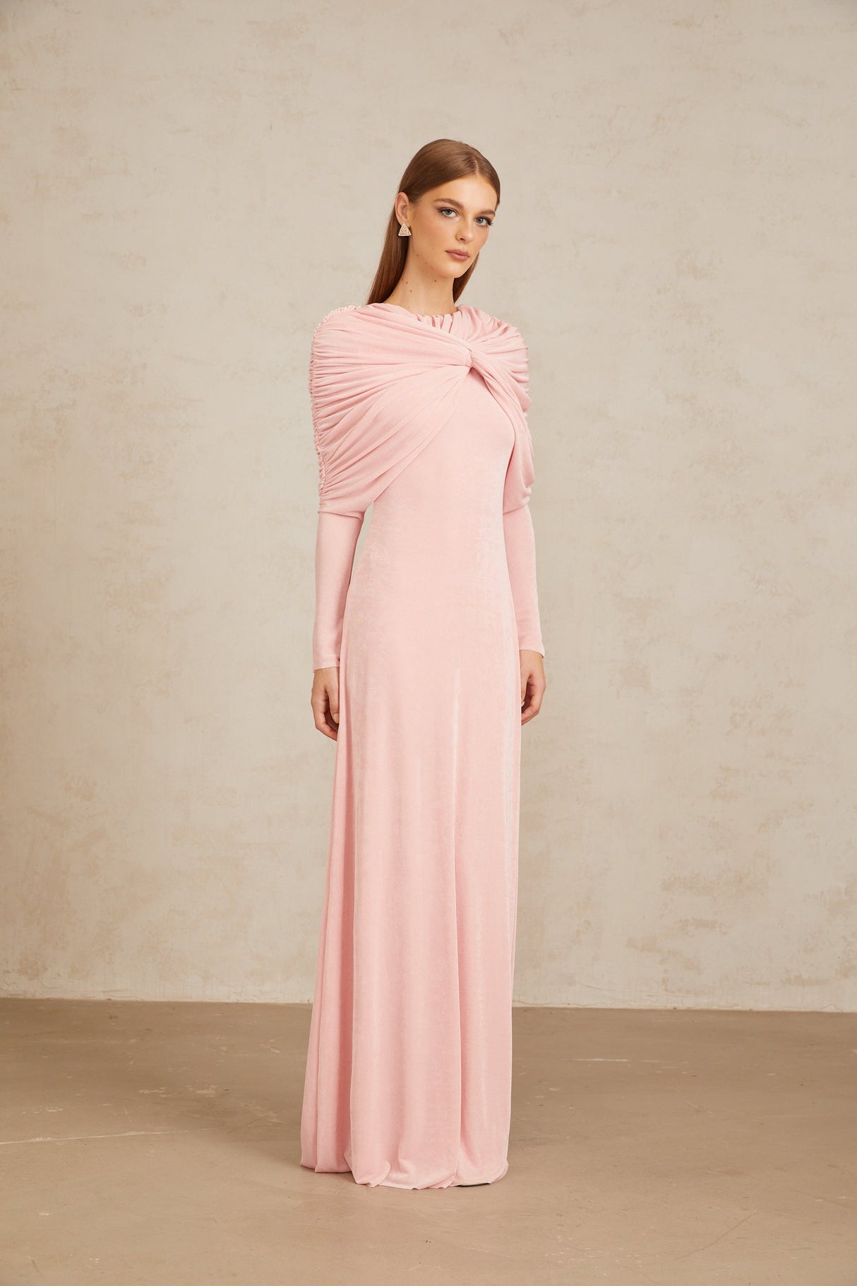 Aurohaya Moderne Pink Shawl Panel Ruched Maxi Dress