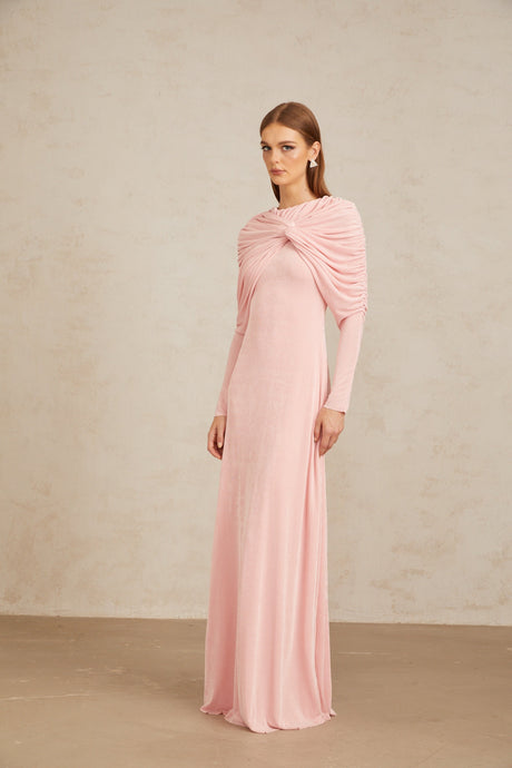 Aurohaya Moderne Pink Shawl Panel Ruched Maxi Dress