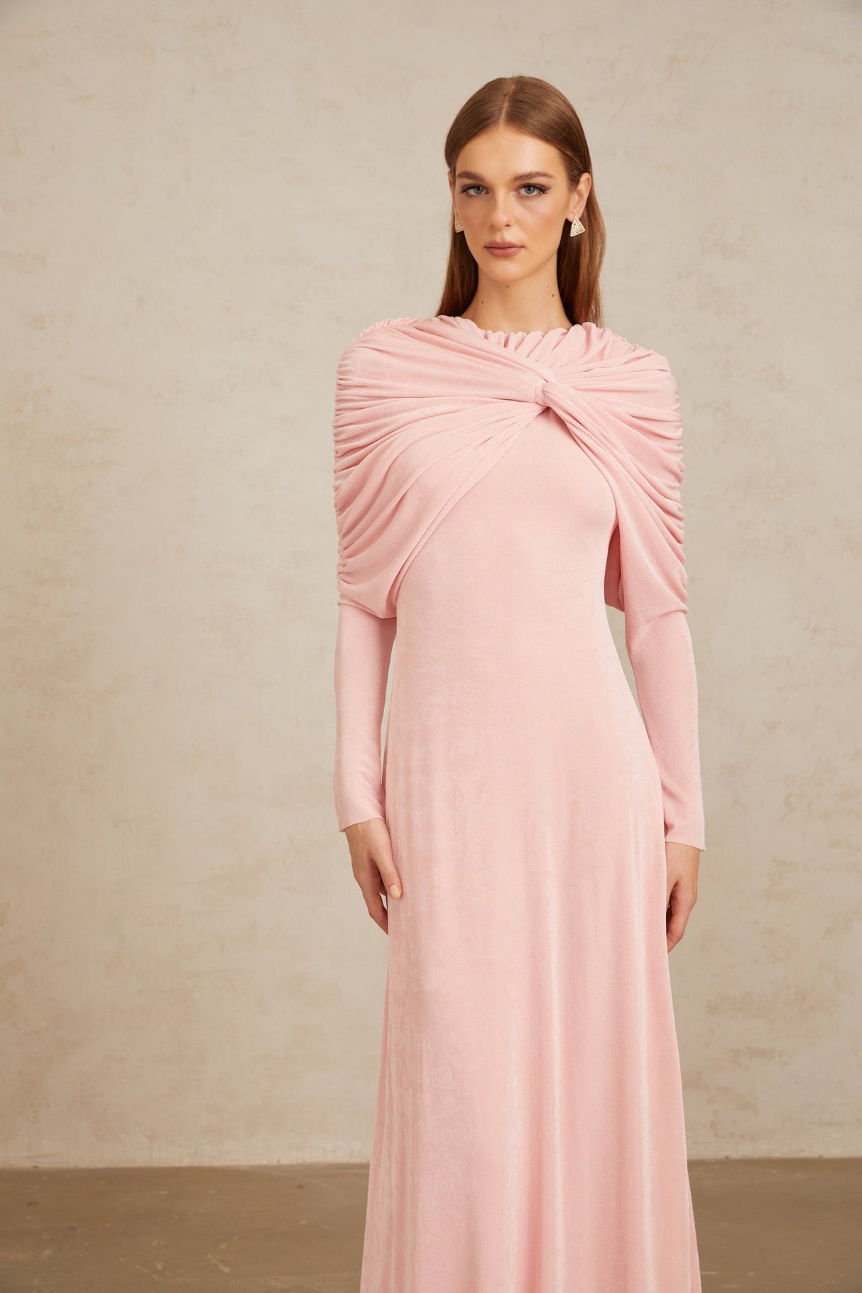 Aurohaya Moderne Pink Shawl Panel Ruched Maxi Dress