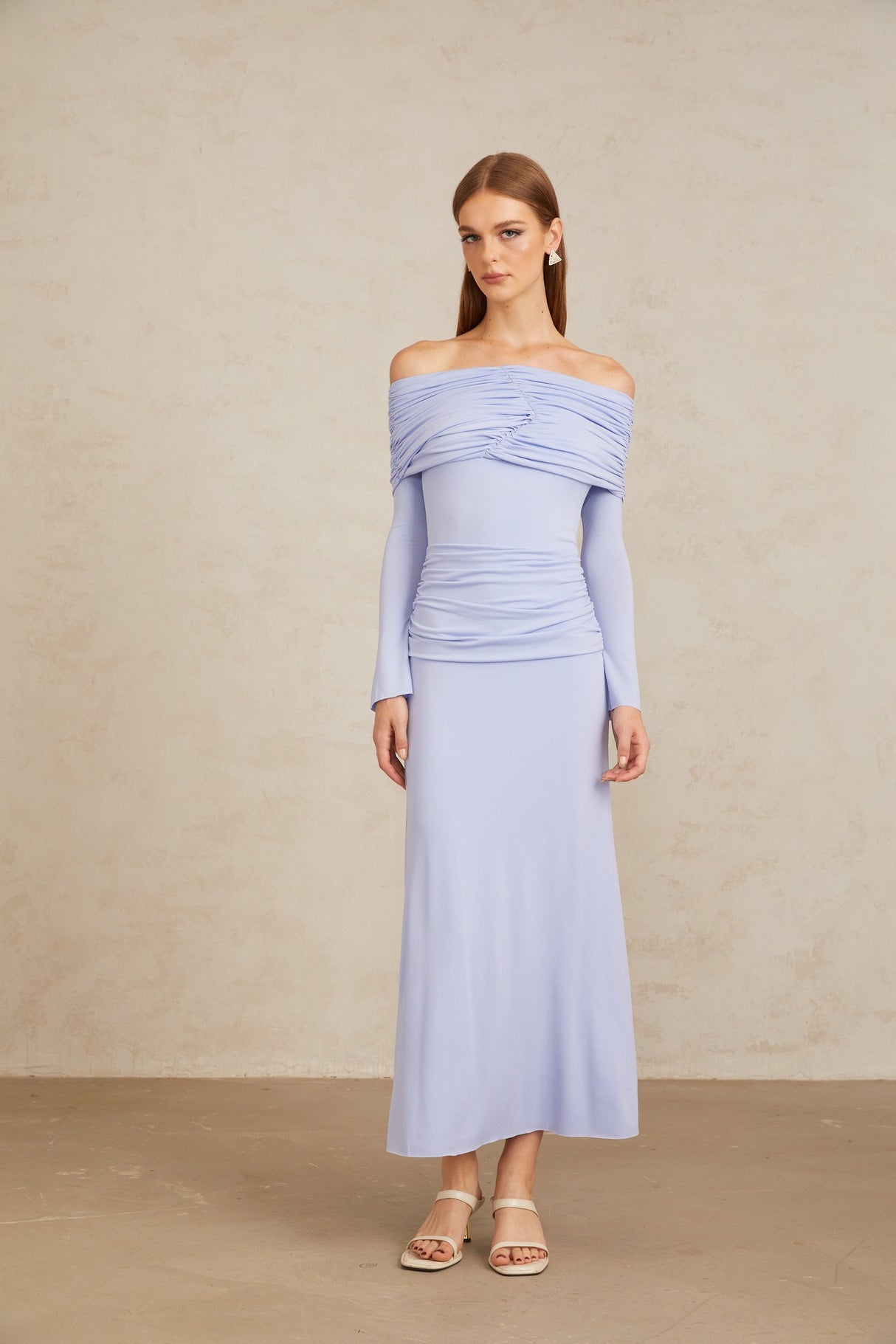 Aurohaya Katia Light Blue Off-Shoulder Ruched Maxi Dress