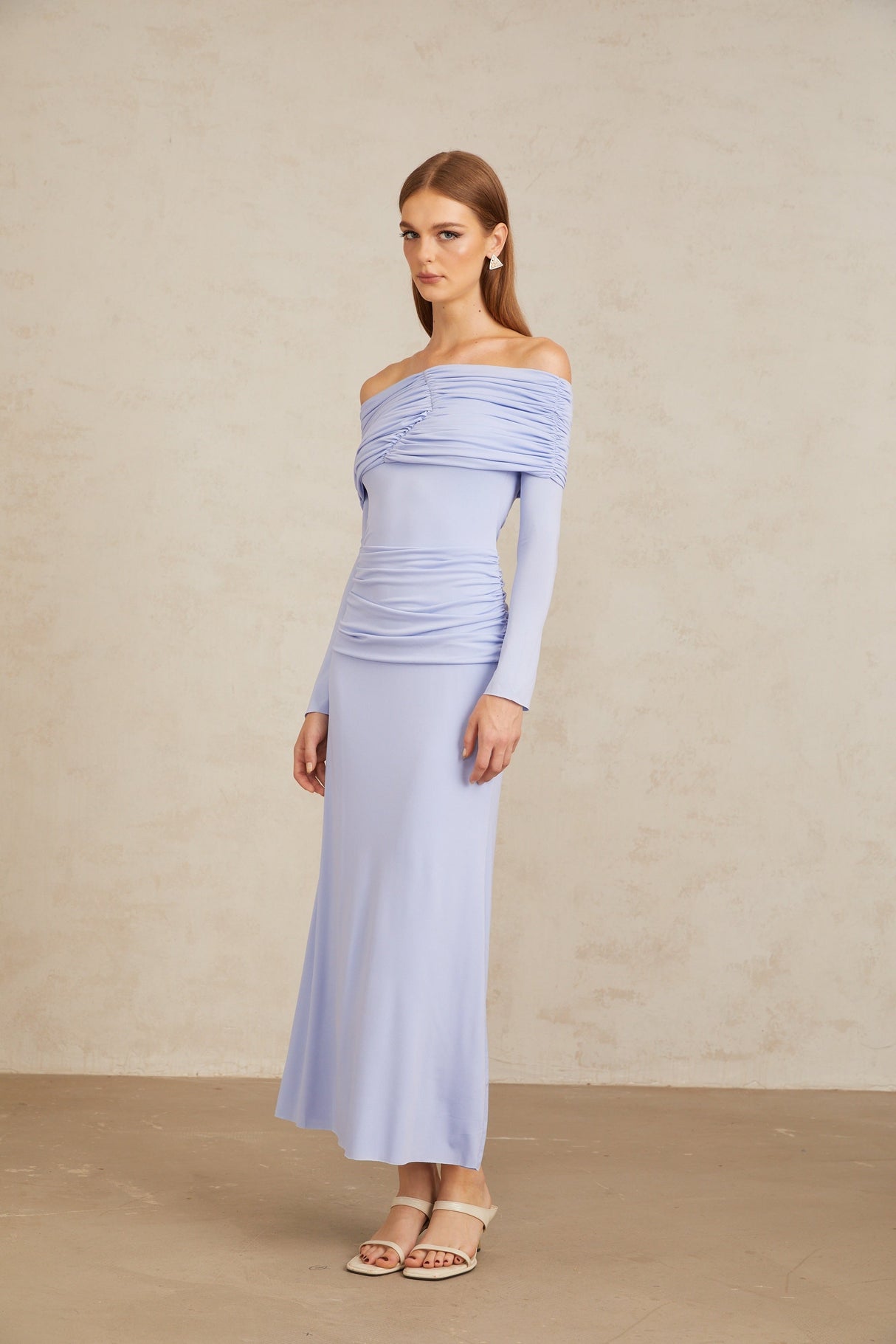 Aurohaya Katia Light Blue Off-Shoulder Ruched Maxi Dress