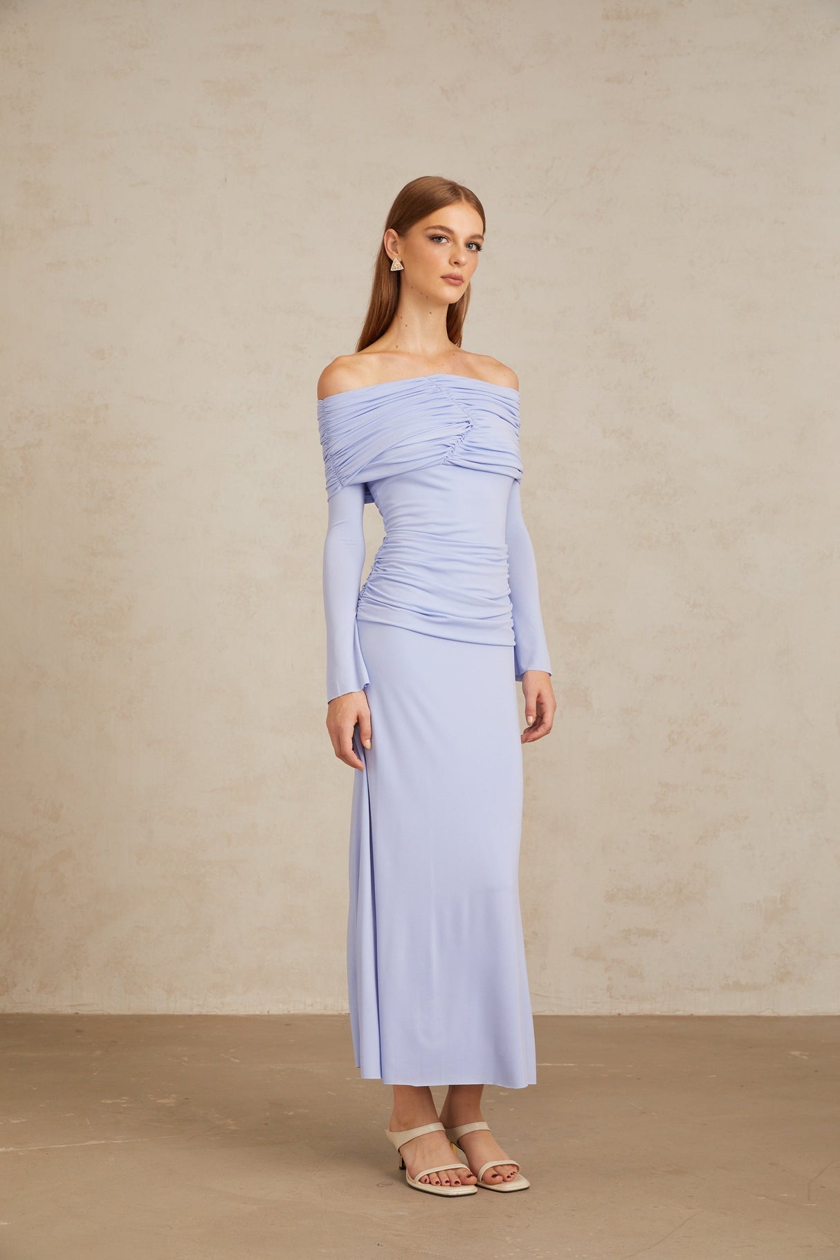 Aurohaya Katia Light Blue Off-Shoulder Ruched Maxi Dress