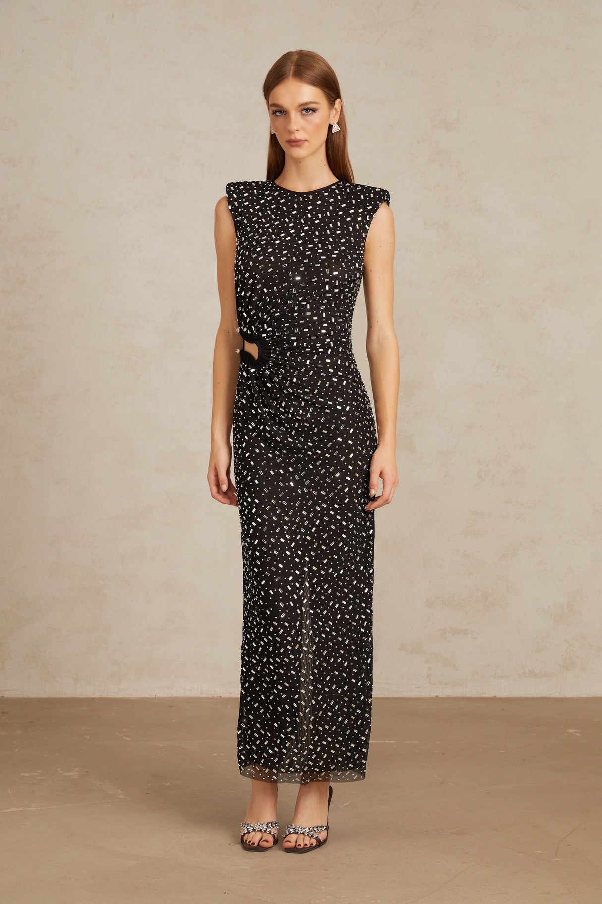 Aurohaya Félicie Black Embellished Mesh Maxi Gown