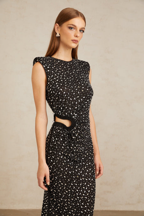 Aurohaya Félicie Black Embellished Mesh Maxi Gown