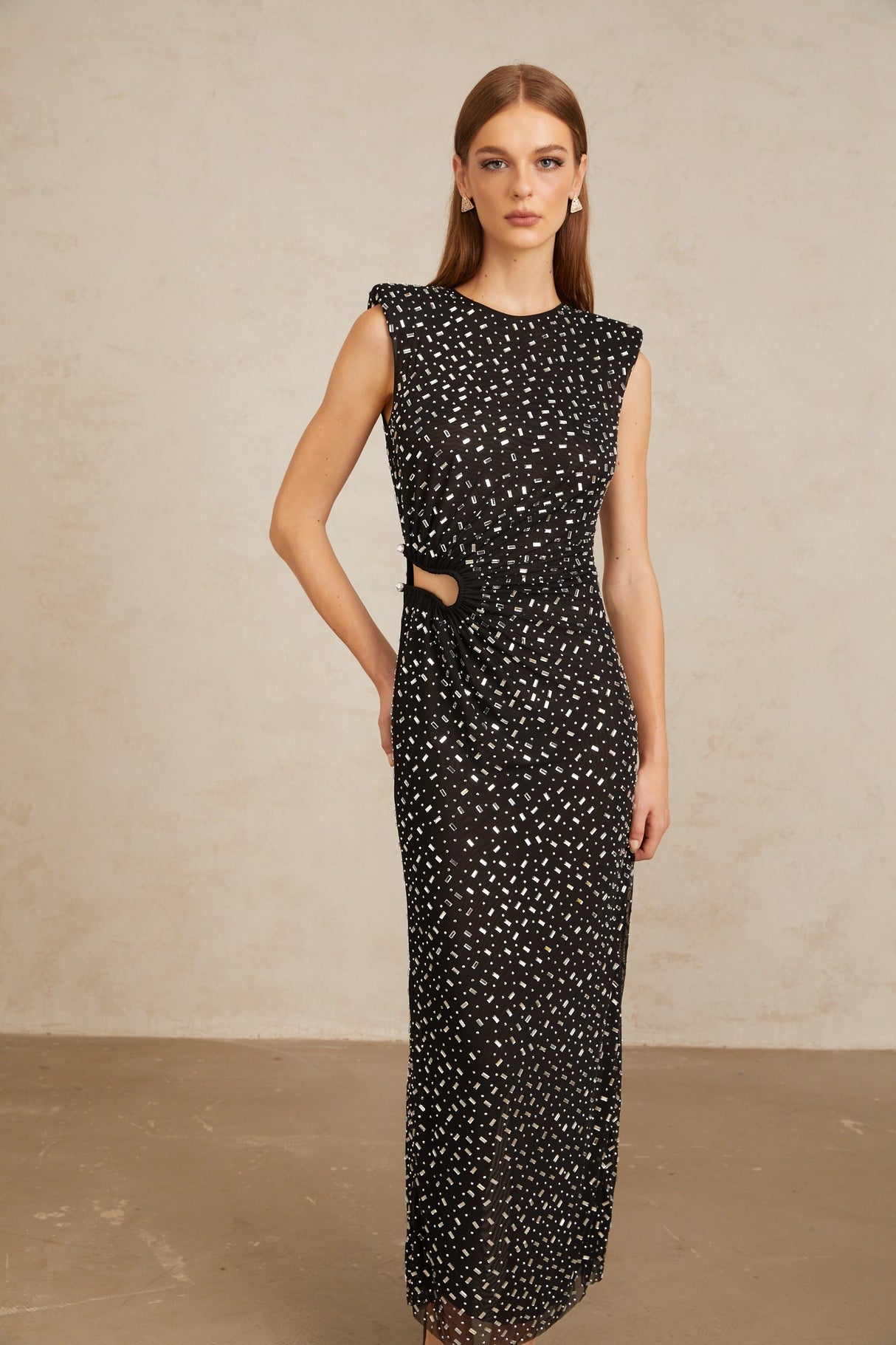 Aurohaya Félicie Black Embellished Mesh Maxi Gown