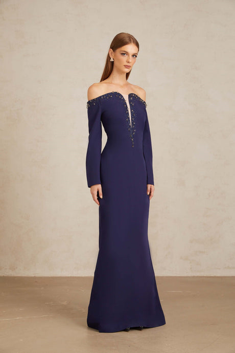 Aurohaya Joyanna Blue Off-Shoulder Embellished Gown