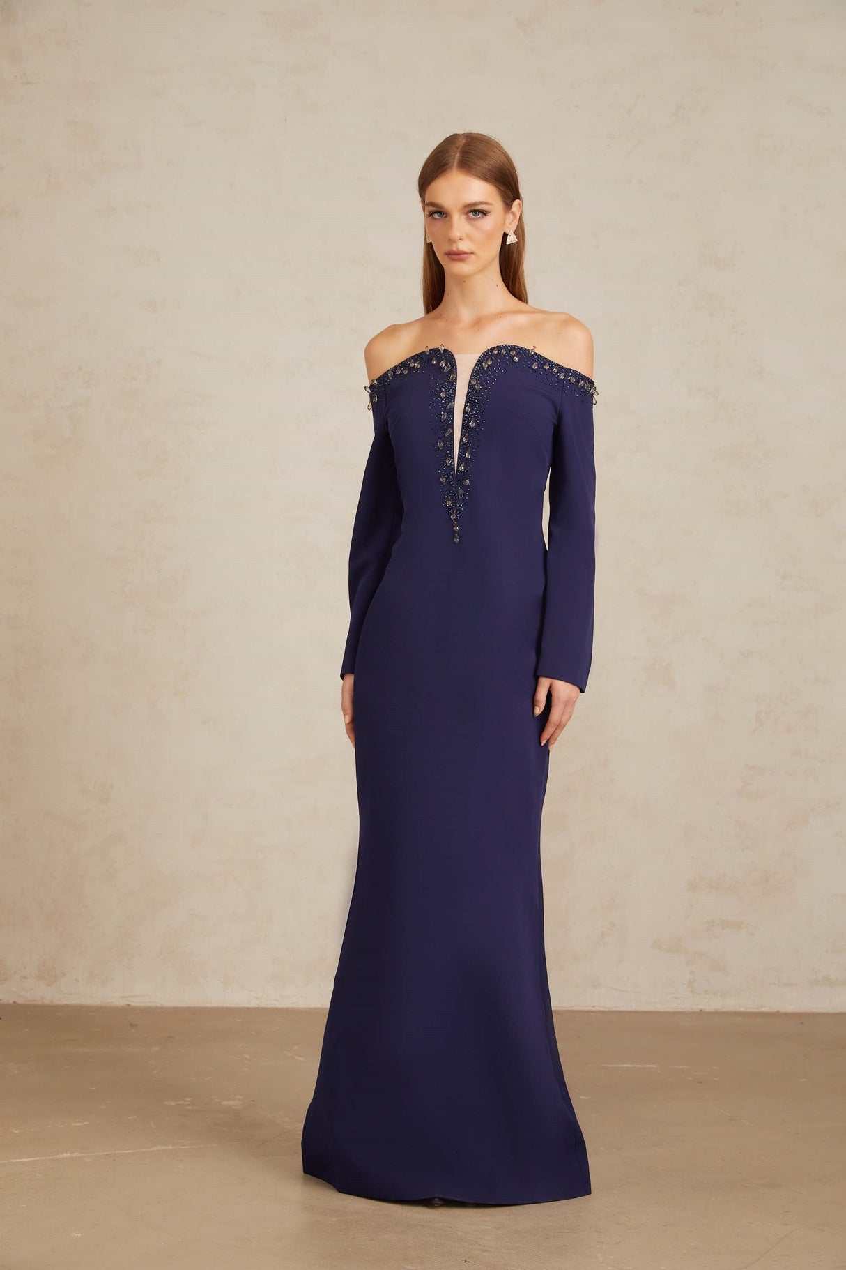 Aurohaya Joyanna Blue Off-Shoulder Embellished Gown