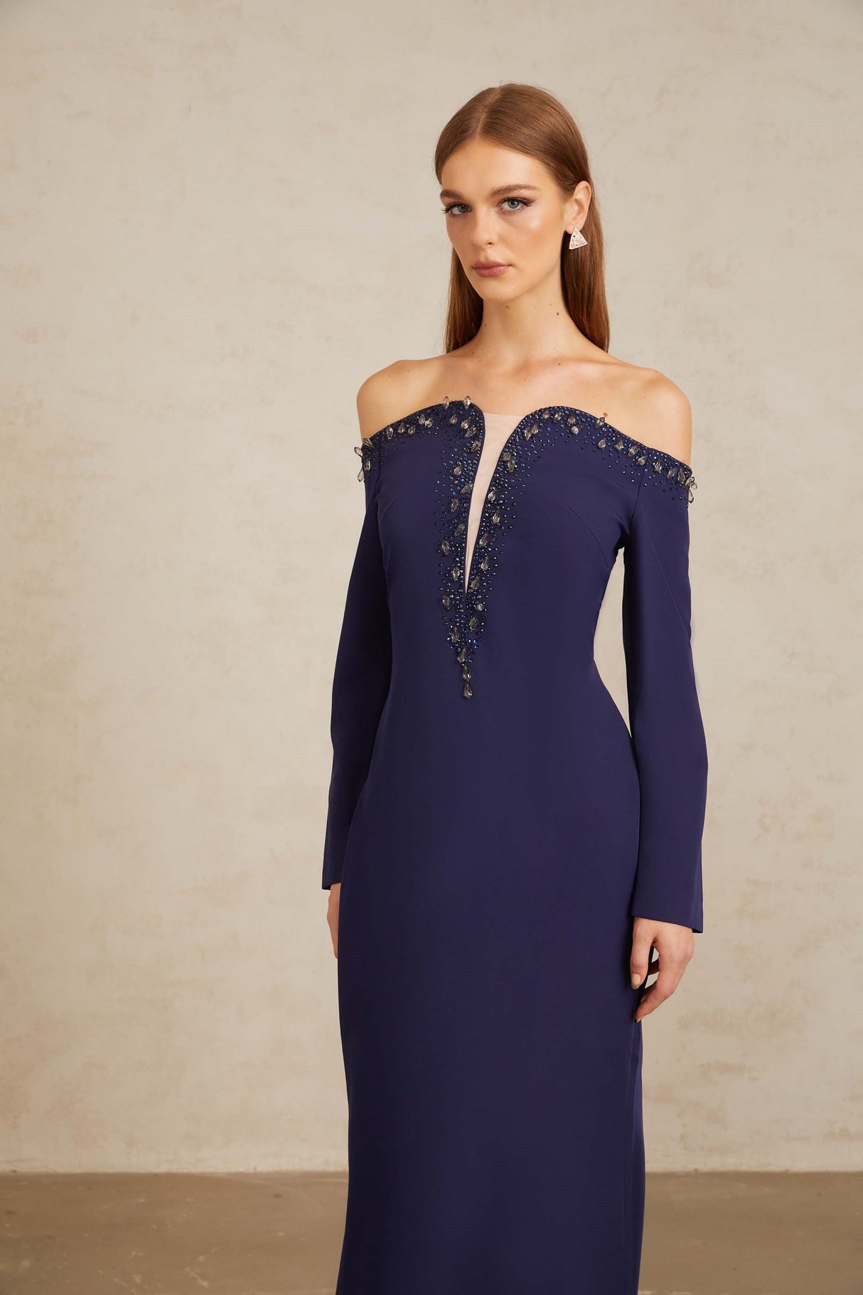 Aurohaya Joyanna Blue Off-Shoulder Embellished Gown