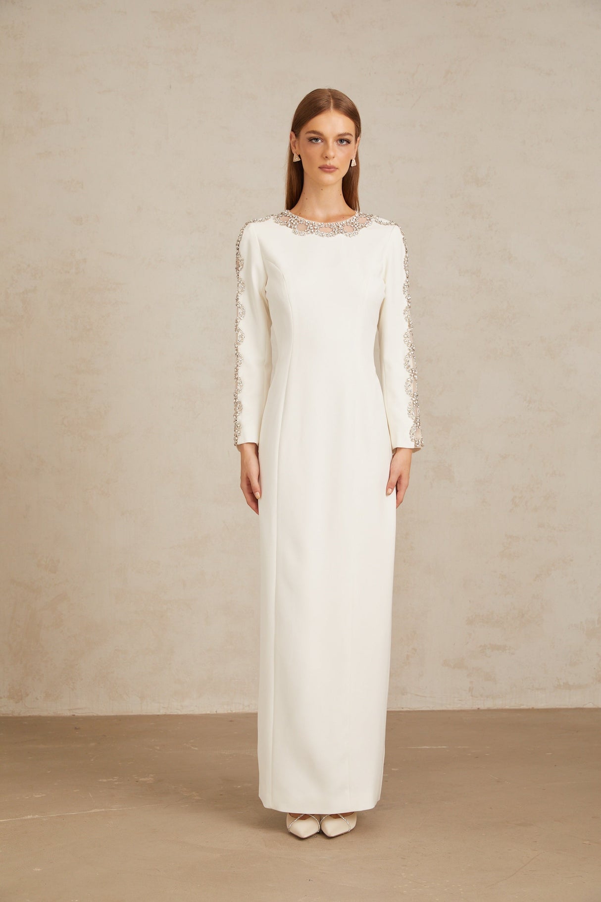 Aurohaya Freja White Crystal Embellished Maxi Gown