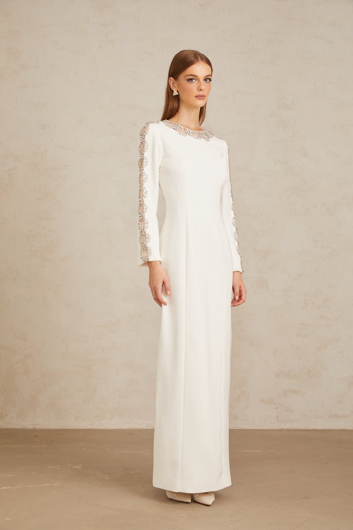 Aurohaya Freja White Crystal Embellished Maxi Gown