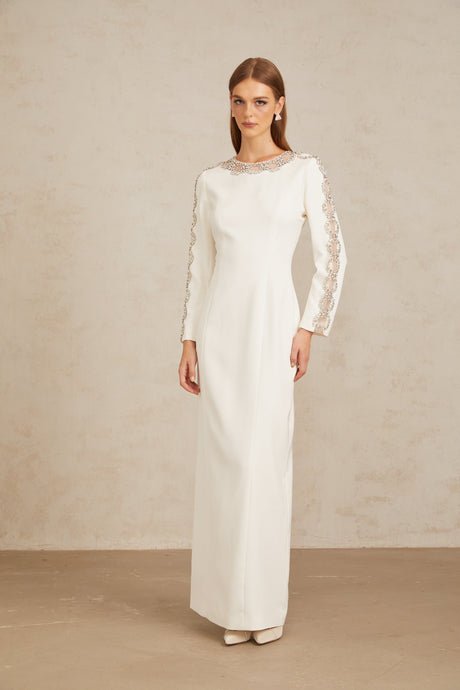 Aurohaya Freja White Crystal Embellished Maxi Gown
