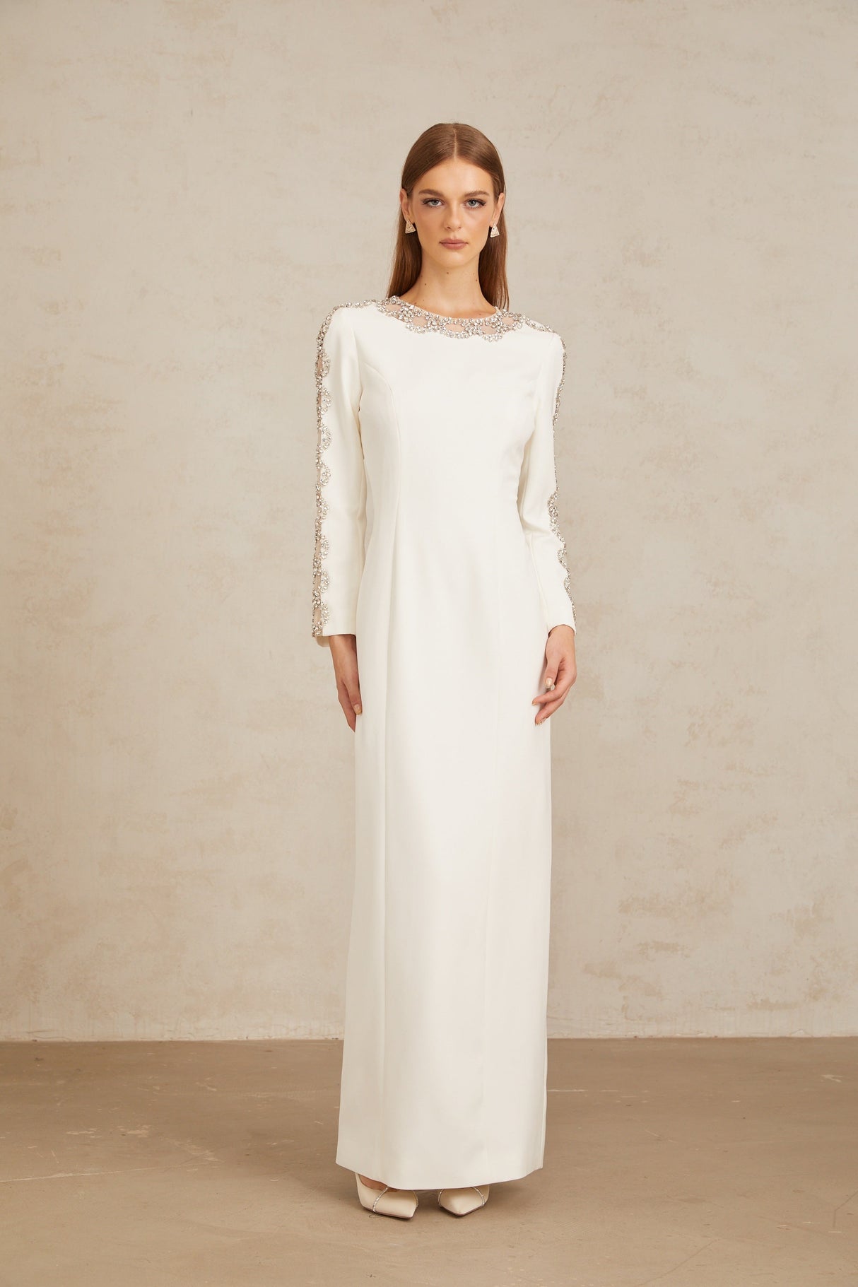 Aurohaya Freja White Crystal Embellished Maxi Gown