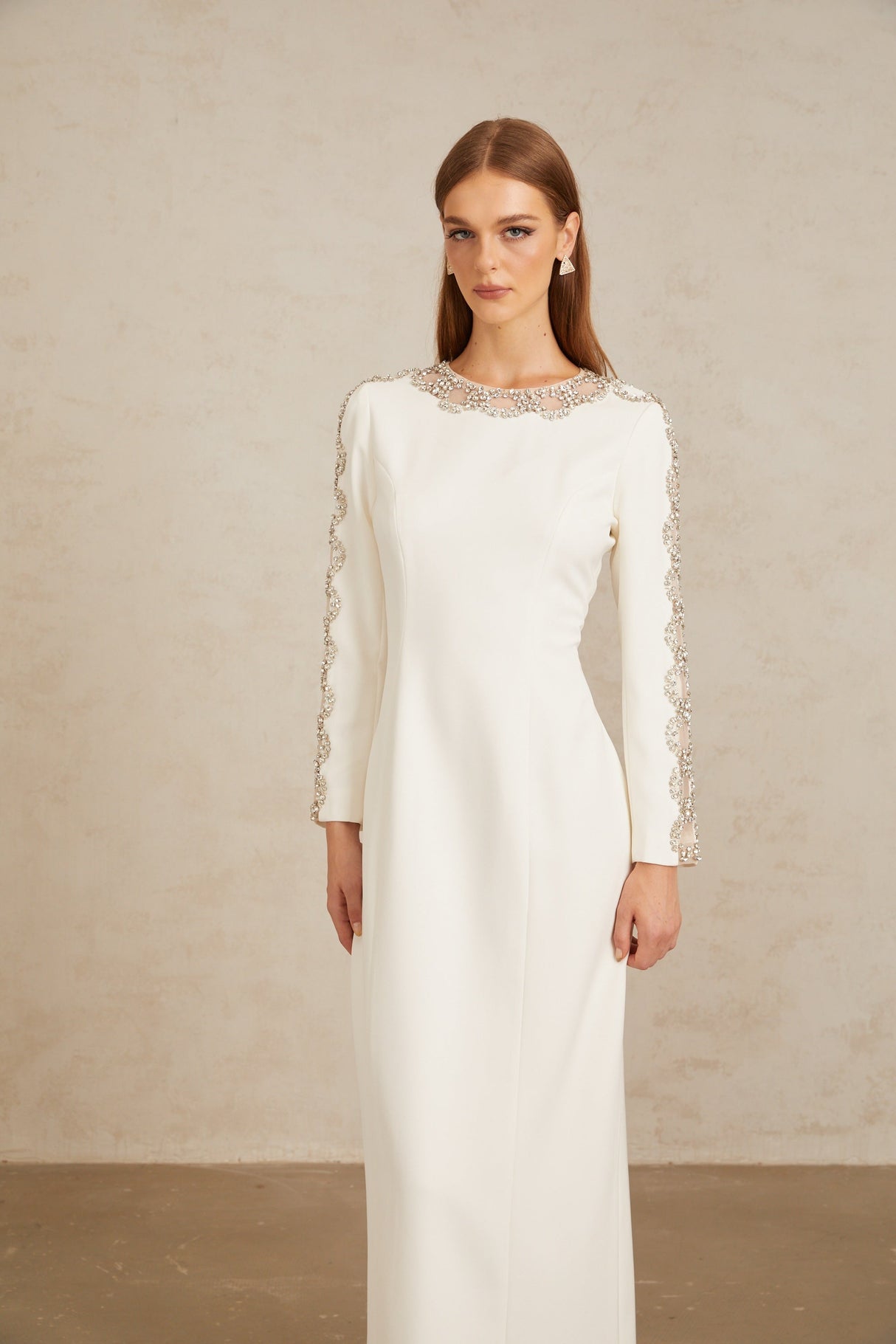 Aurohaya Freja White Crystal Embellished Maxi Gown