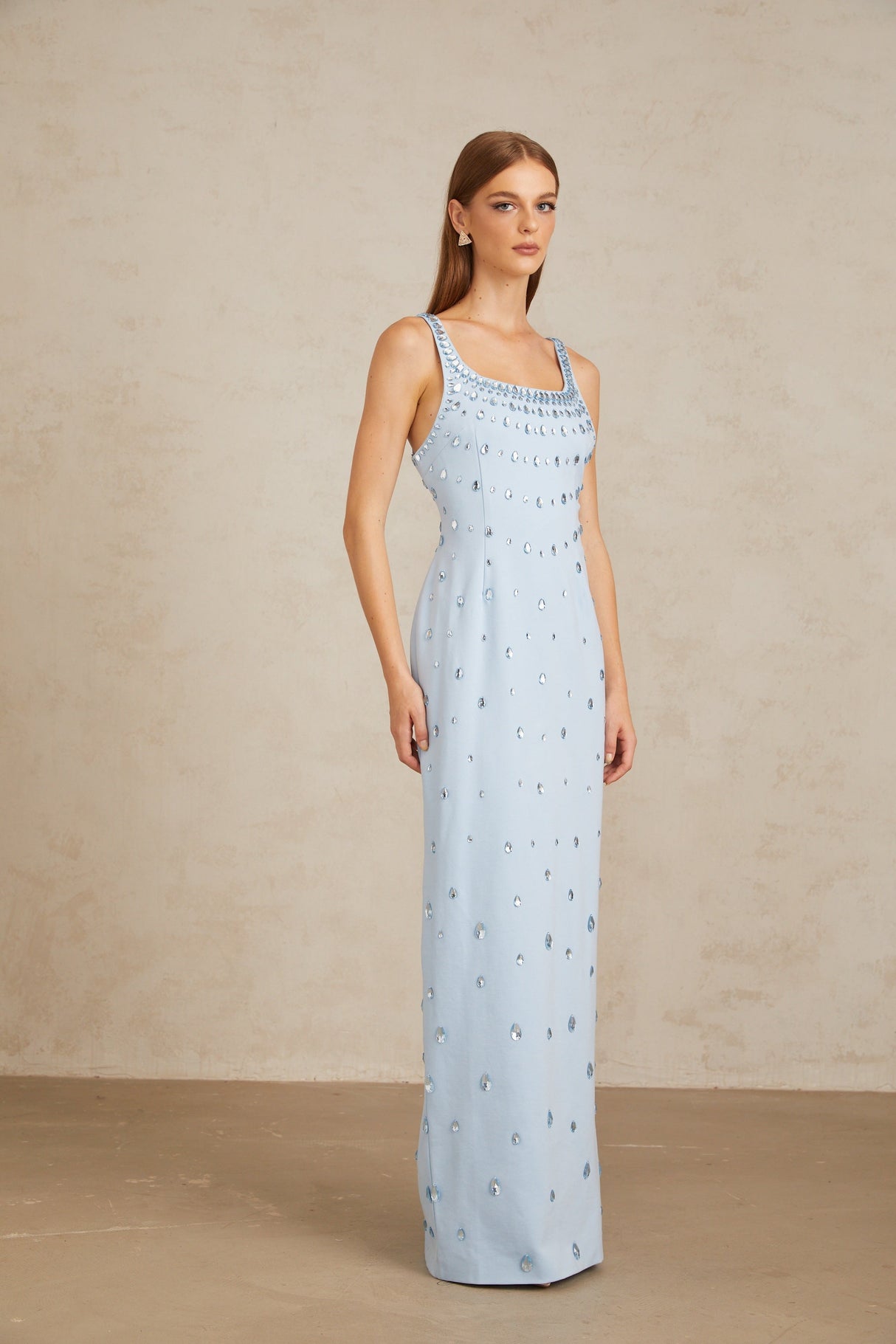 Aurohaya Meris Blue Crystal Embellished Maxi Gown