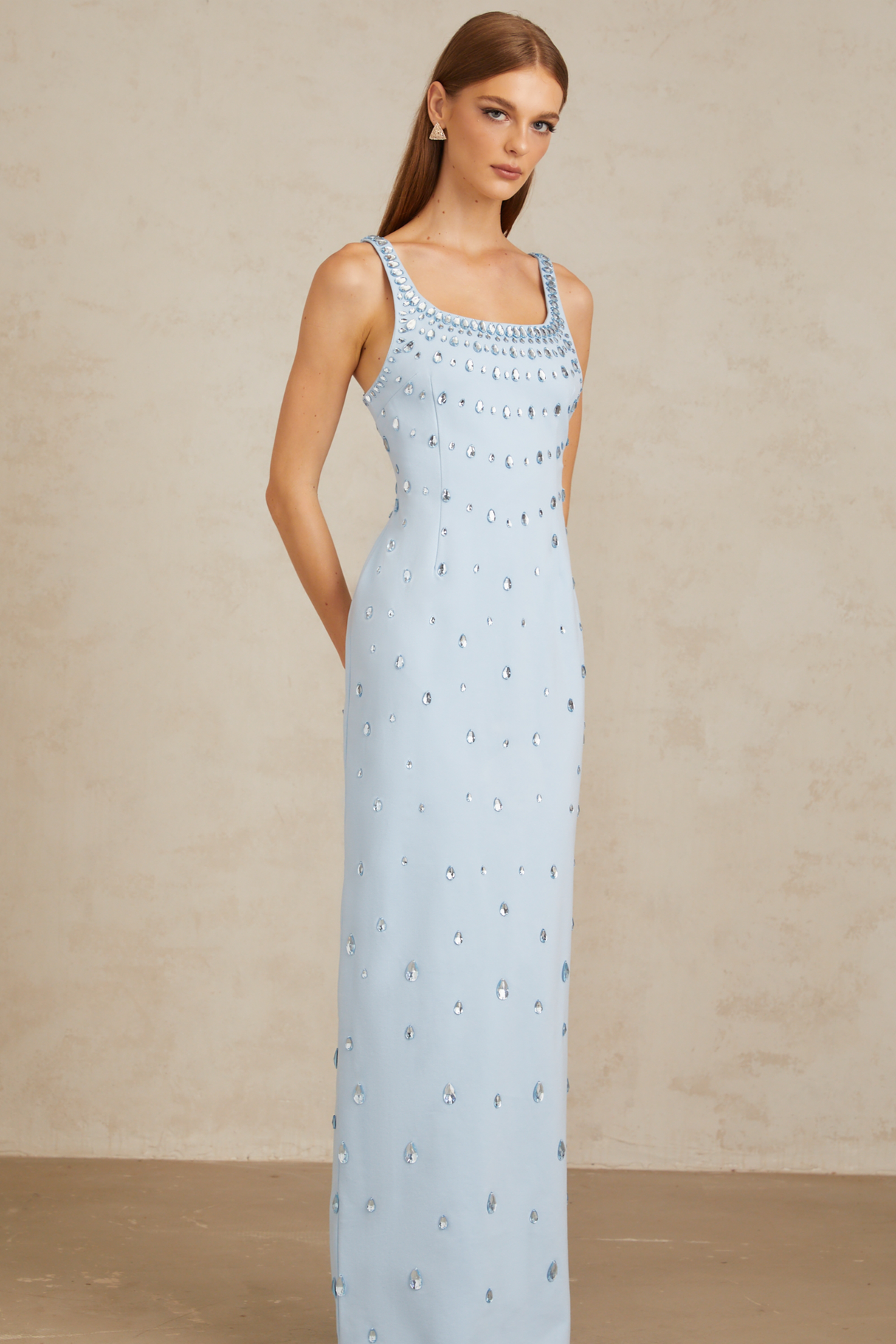 Aurohaya Meris Blue Crystal Embellished Maxi Gown