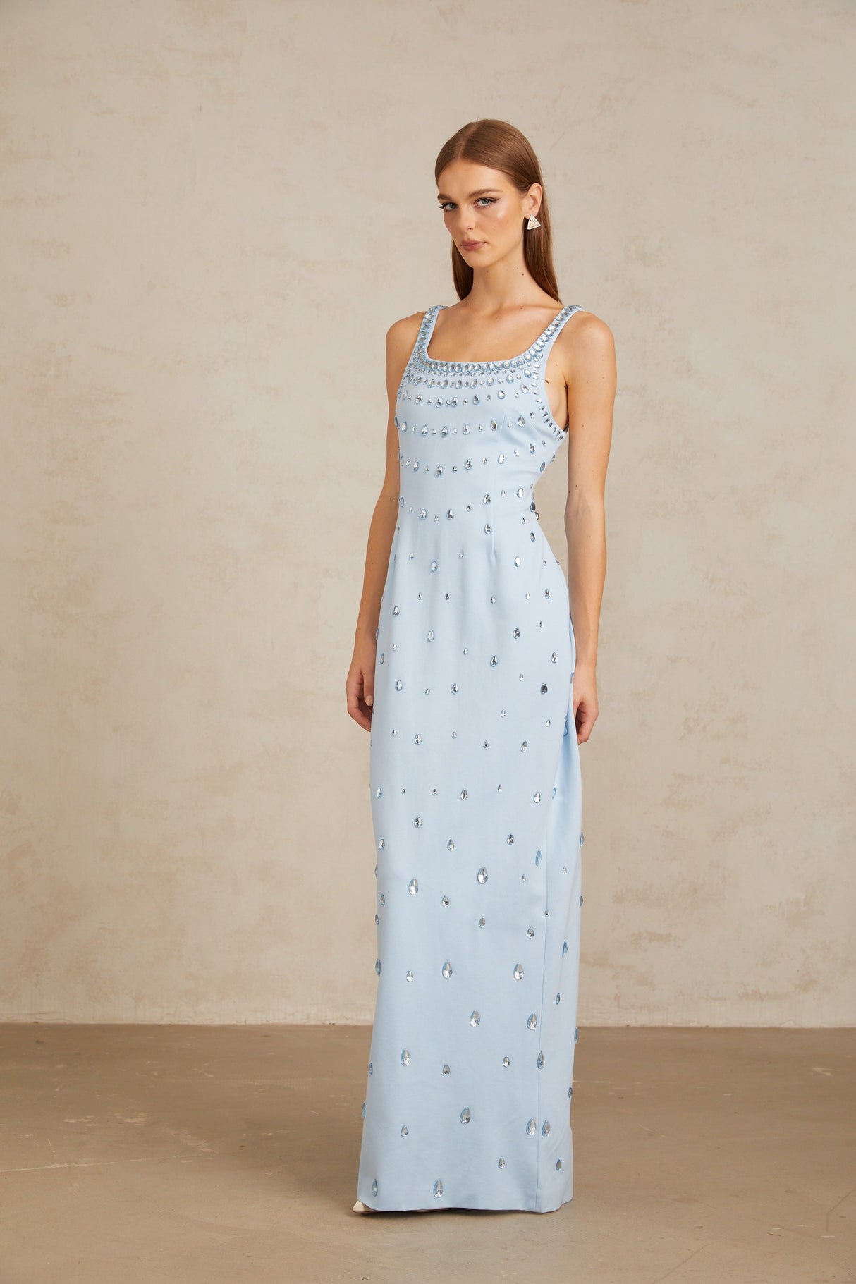 Aurohaya Meris Blue Crystal Embellished Maxi Gown