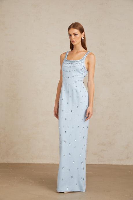 Aurohaya Meris Blue Crystal Embellished Maxi Gown