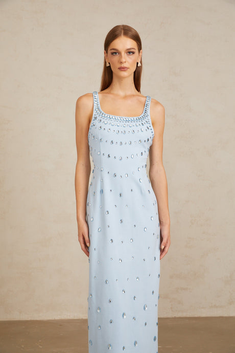 Aurohaya Meris Blue Crystal Embellished Maxi Gown