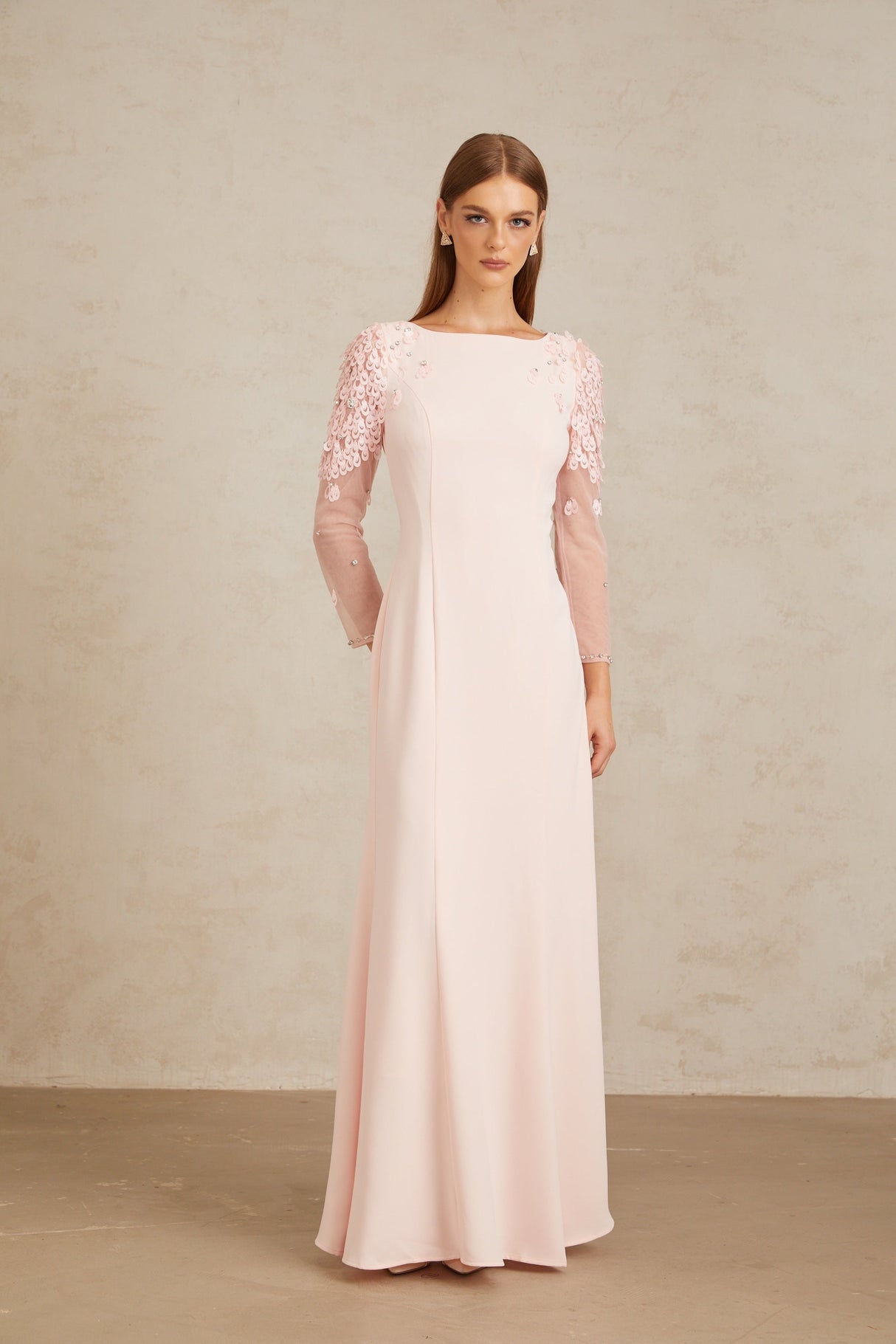 Aurohaya Gunnel Pink Flared Embellished Maxi Gown