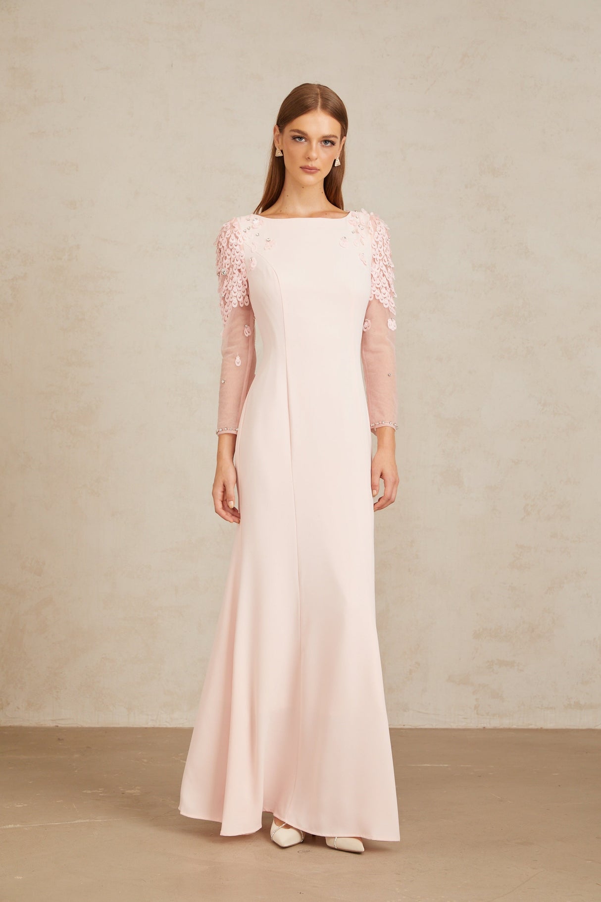 Aurohaya Gunnel Pink Flared Embellished Maxi Gown