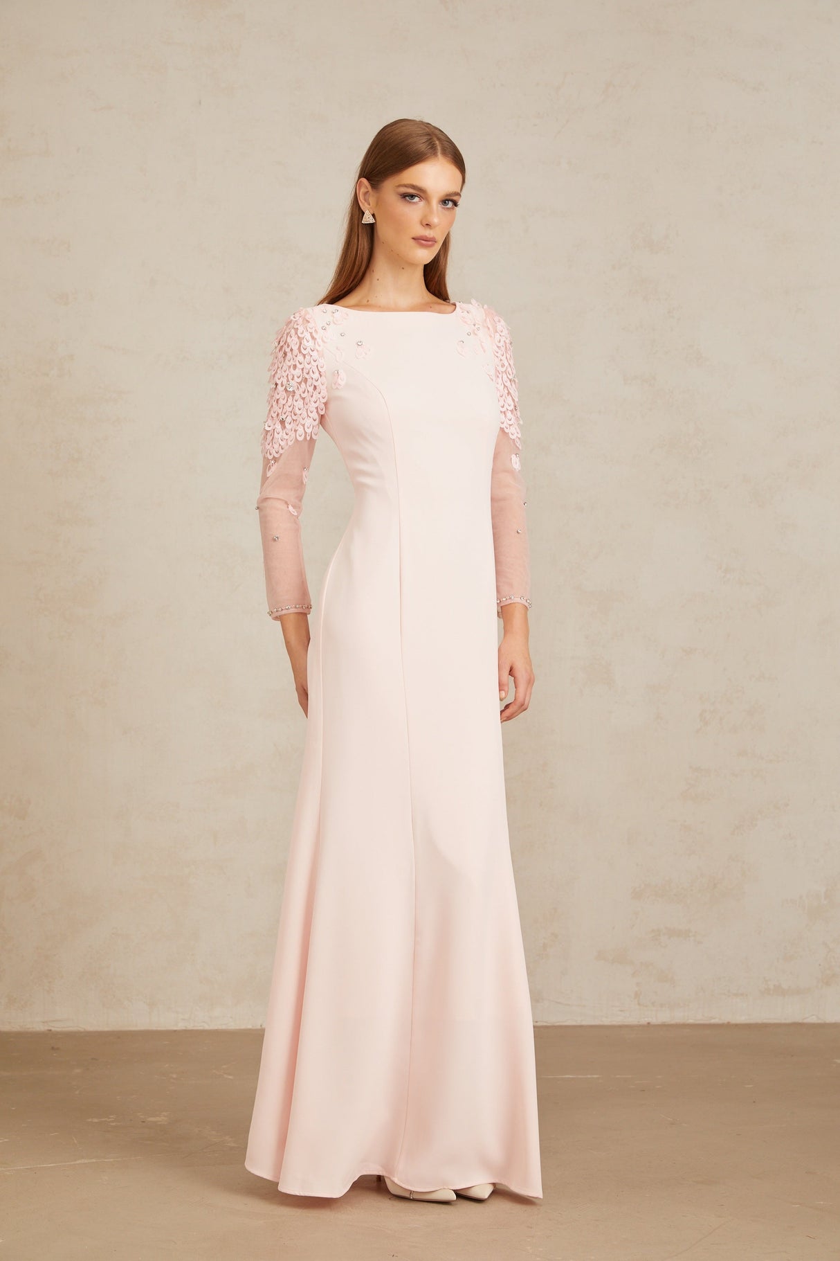 Aurohaya Gunnel Pink Flared Embellished Maxi Gown