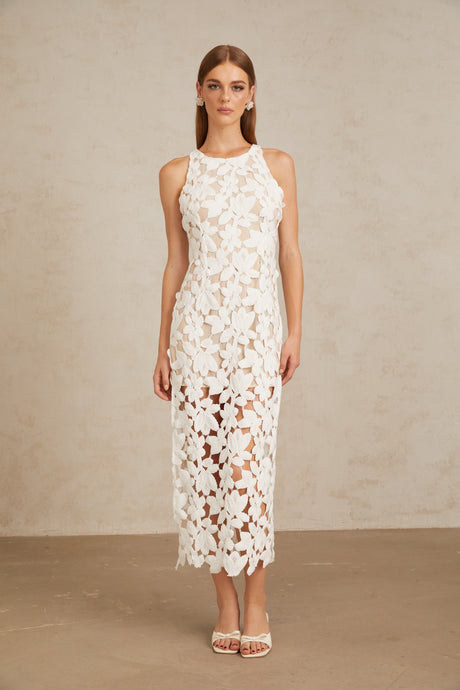 Aurohaya Wilhelmine White Cutout Embroidered Floral Midi Dress