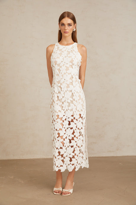 Aurohaya Wilhelmine White Cutout Embroidered Floral Midi Dress