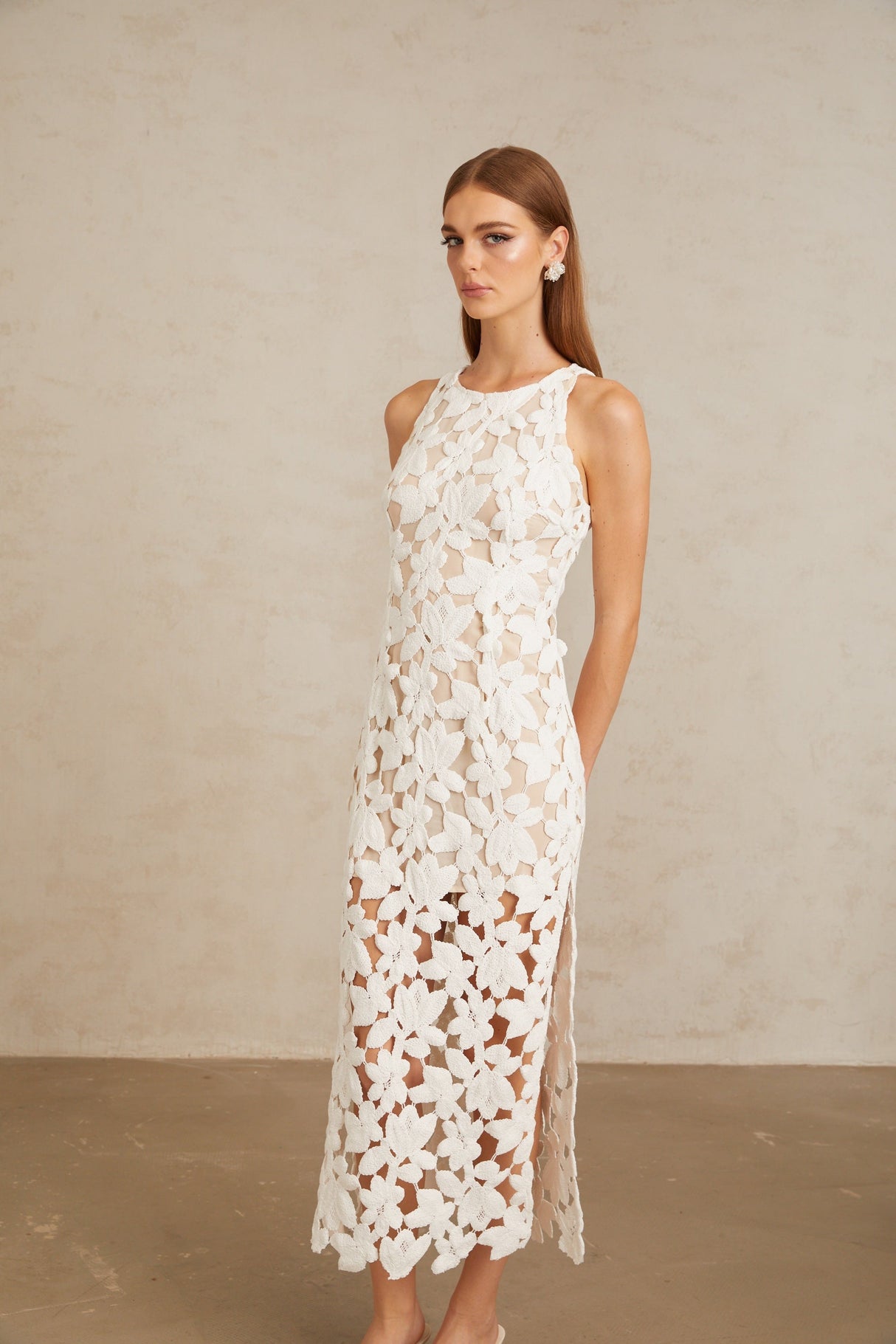 Aurohaya Wilhelmine White Cutout Embroidered Floral Midi Dress