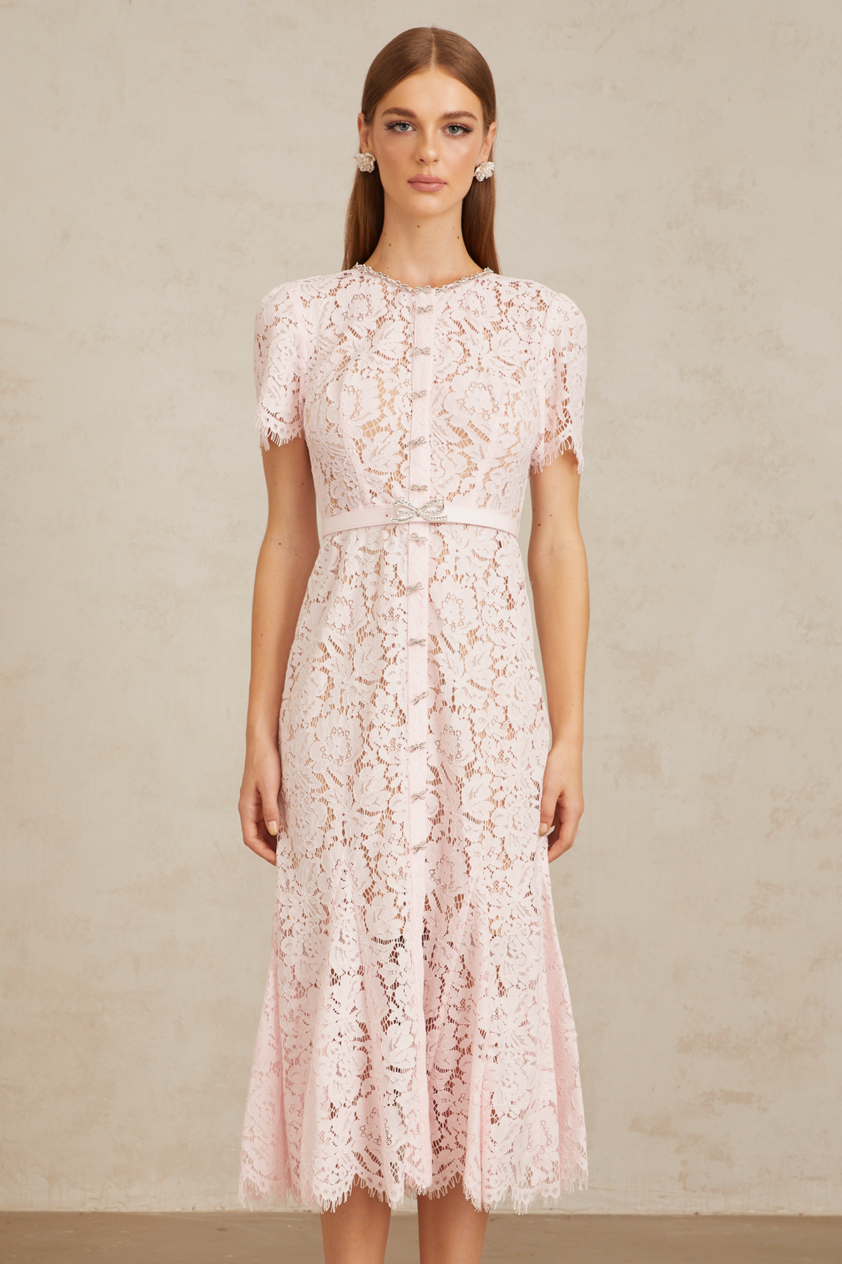 Aurohaya Sabine Pink Floral Lace Mermaid Midi Dress