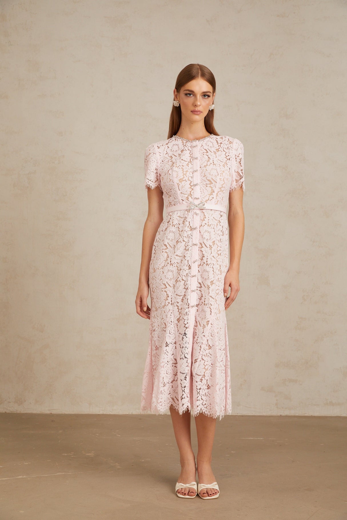 Aurohaya Sabine Pink Floral Lace Mermaid Midi Dress