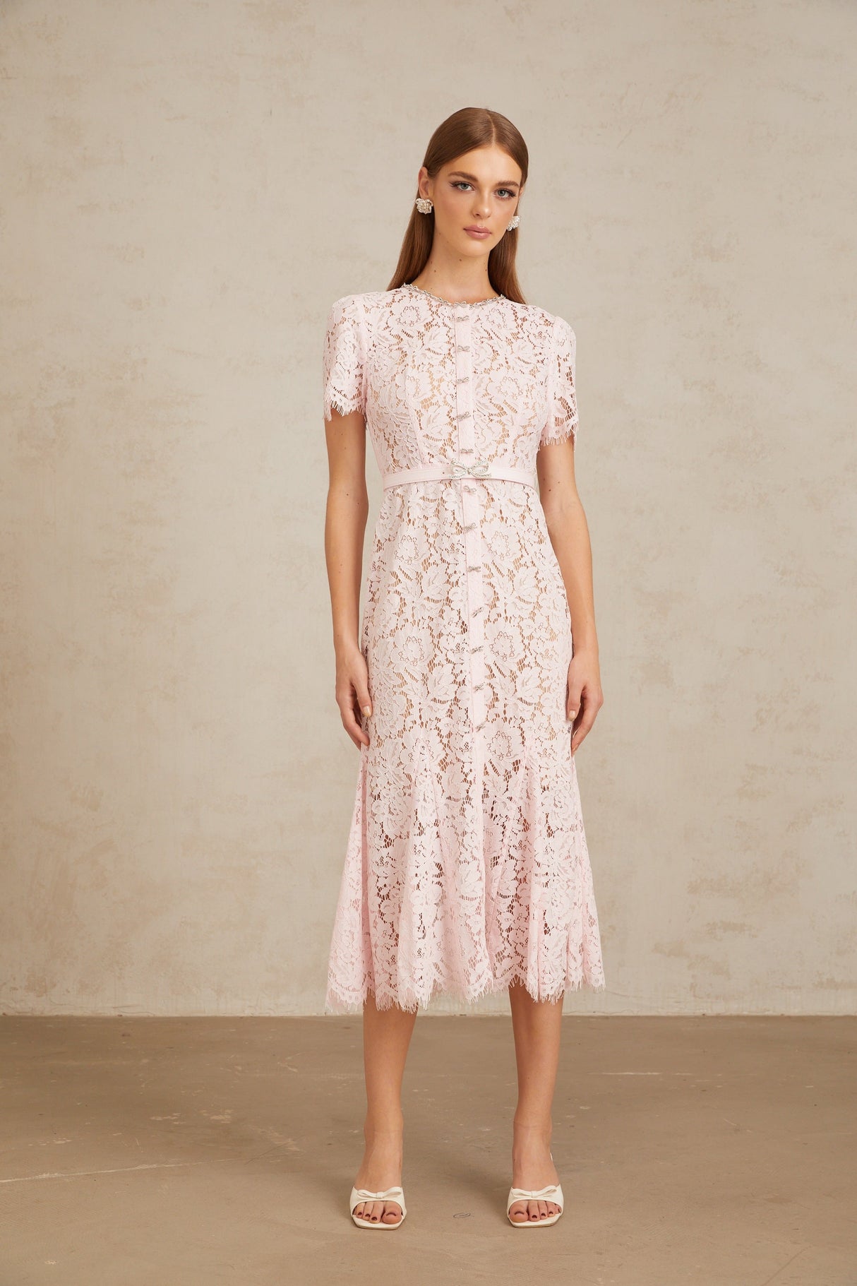 Aurohaya Sabine Pink Floral Lace Mermaid Midi Dress
