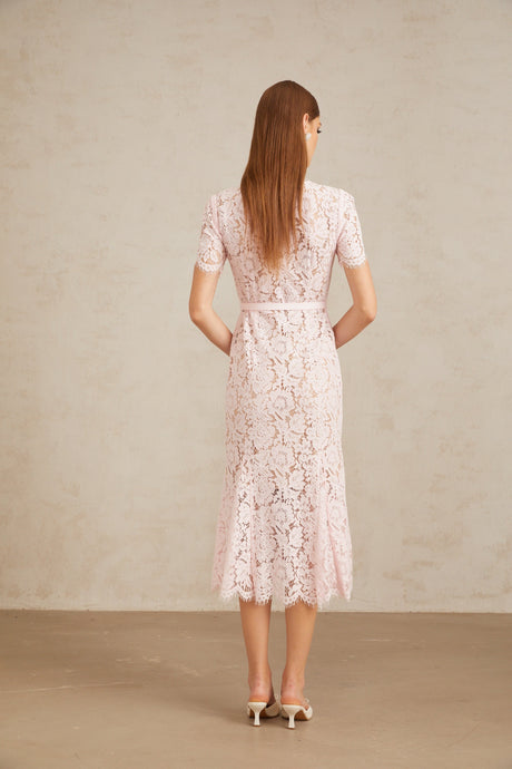 Aurohaya Sabine Pink Floral Lace Mermaid Midi Dress