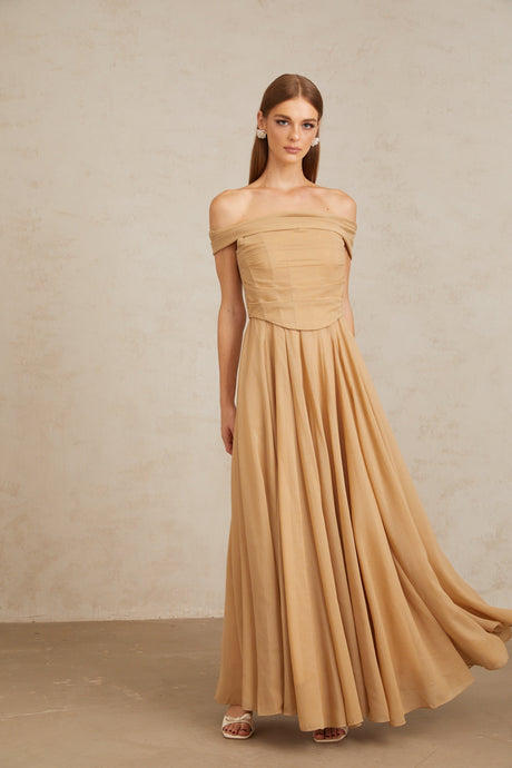Aurohaya Urbaine Khaki Ruched Tulle Maxi Dress