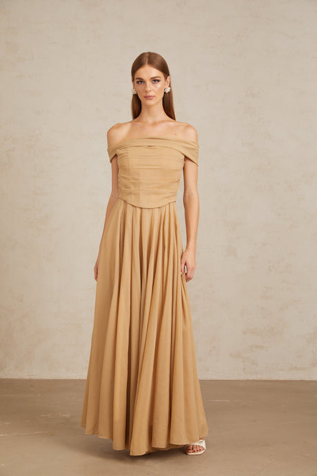 Aurohaya Urbaine Khaki Ruched Tulle Maxi Dress