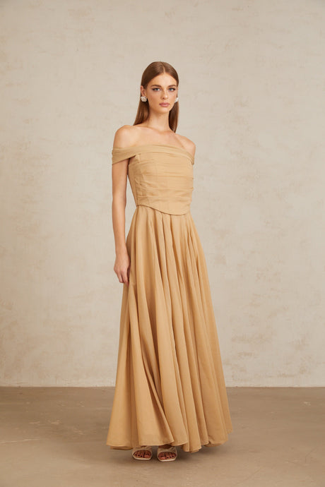 Aurohaya Urbaine Khaki Ruched Tulle Maxi Dress