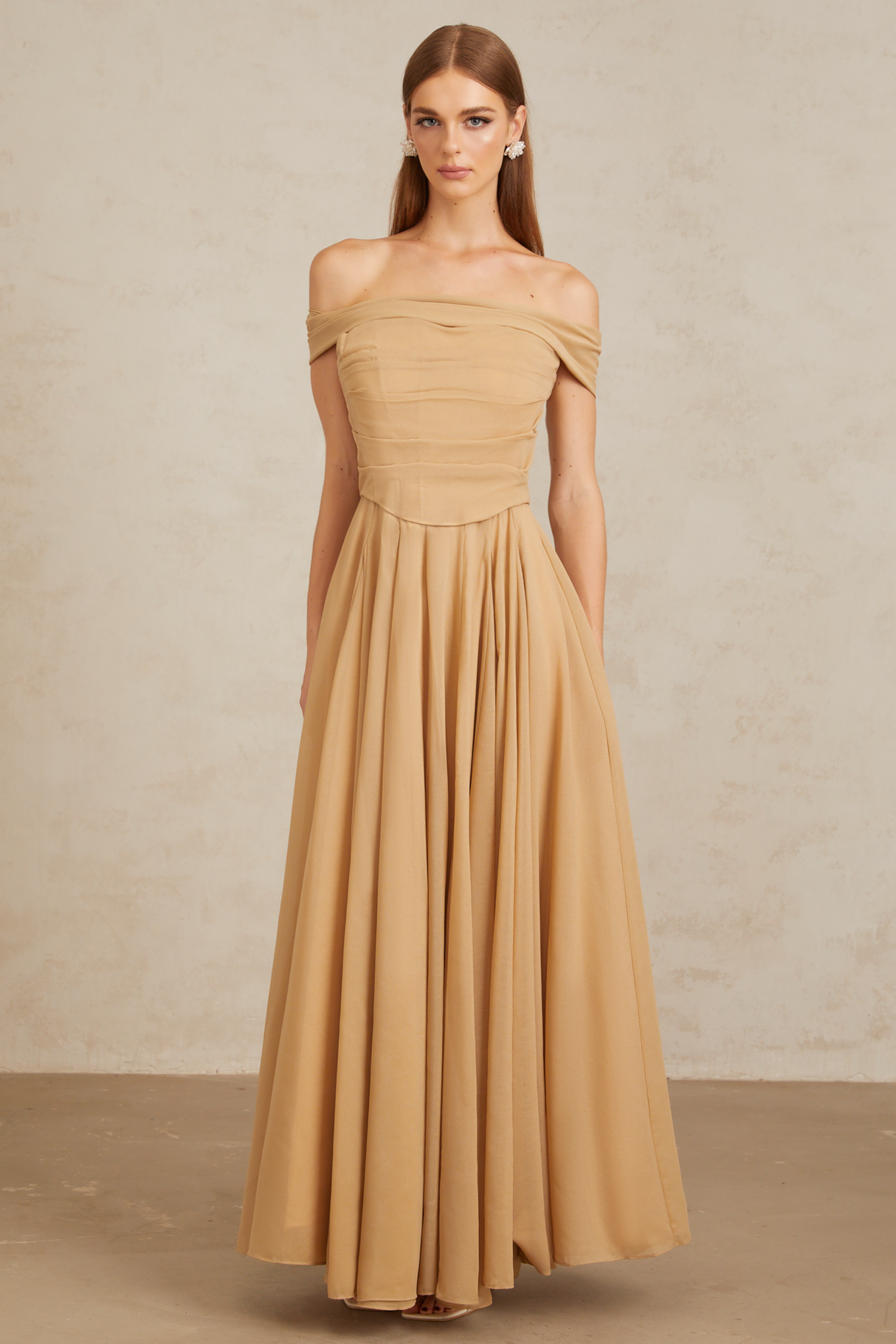 Aurohaya Urbaine Khaki Ruched Tulle Maxi Dress