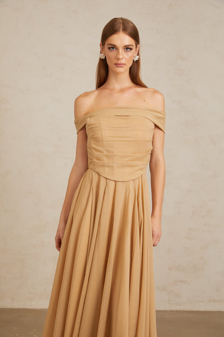 Aurohaya Urbaine Khaki Ruched Tulle Maxi Dress