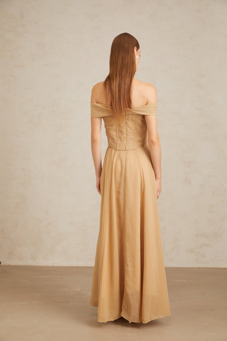Aurohaya Urbaine Khaki Ruched Tulle Maxi Dress